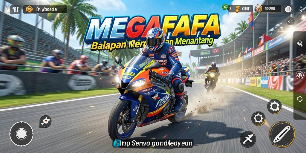 Screenshot gameplay MEGAFAFA dengan aksi balapan motor yang mendebarkan.