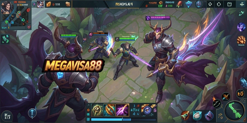 Screenshot MEGAVISA88 menampilkan pertempuran seru dalam arena MOBA.